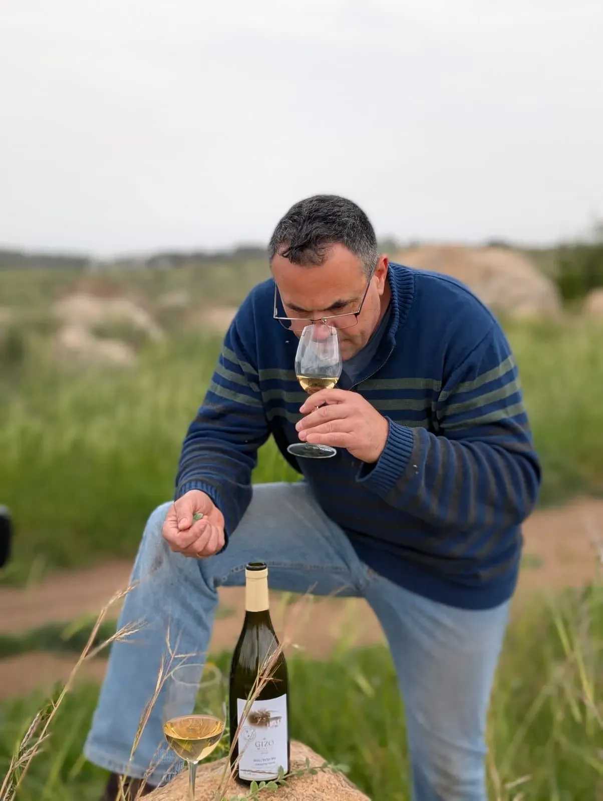 יואב טועם יין לבן בשדה, ליד בקבוק של יקב גיזו